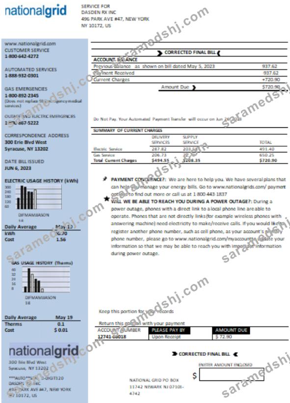 New York National Grid utility business bill, Word and PDF template SCR